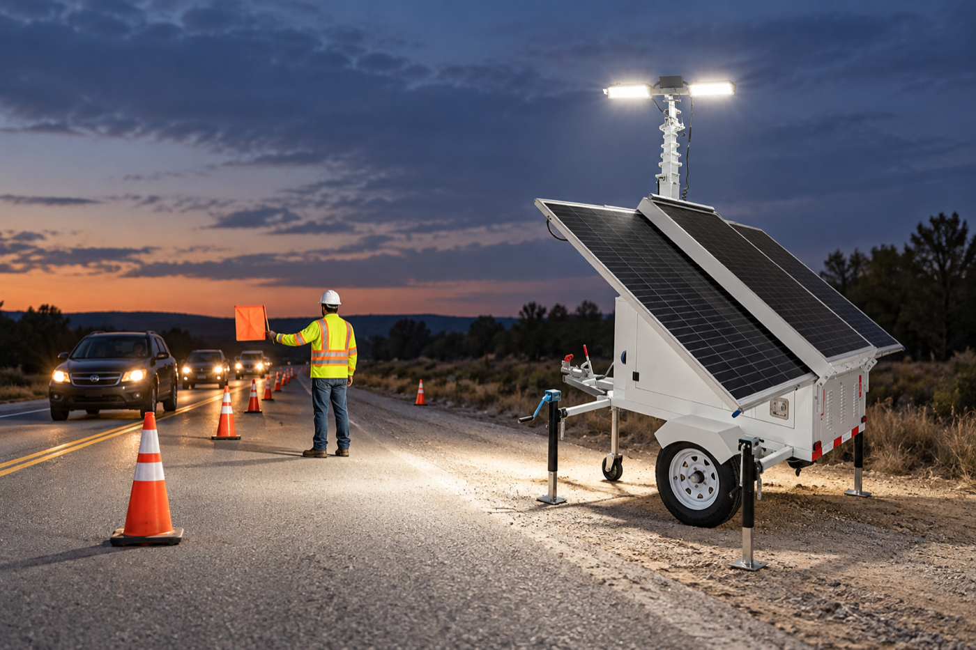 White solar trailer tower illuminating a coned roadwork flagging position at night.