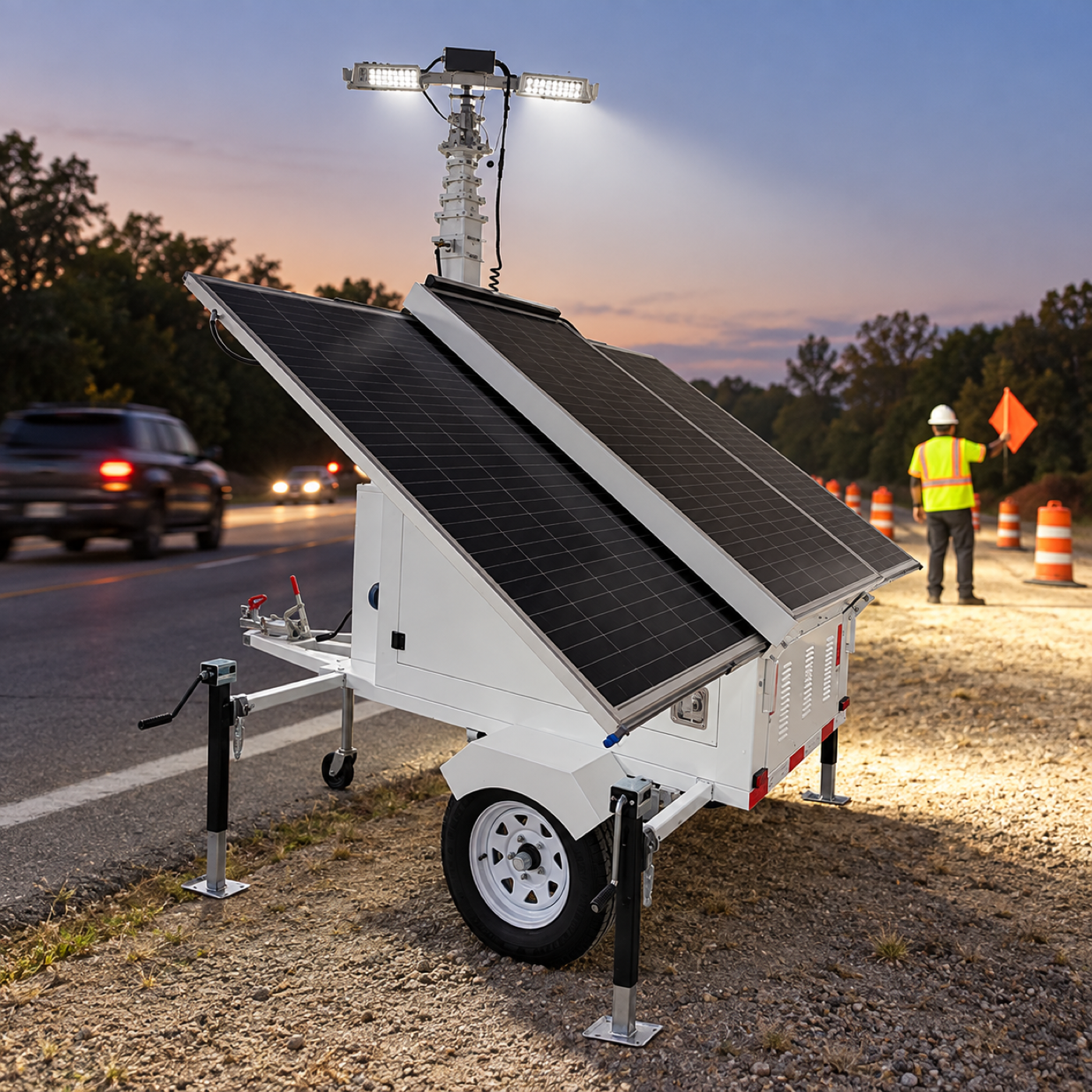 White solar trailer tower beside a flagger and approaching vehicles at dusk.
