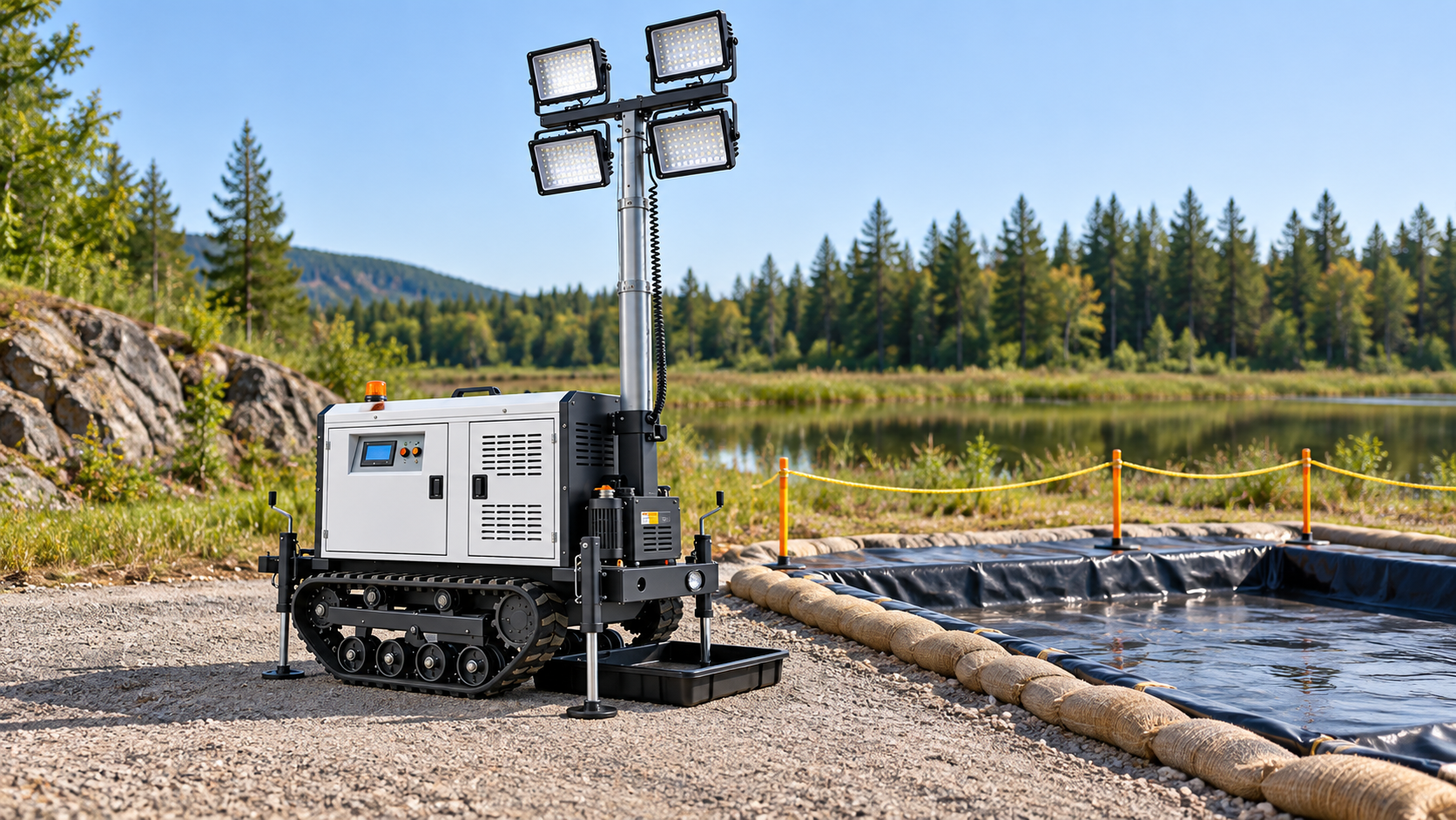 White tracked crawler light tower with four lamps and a contained service area