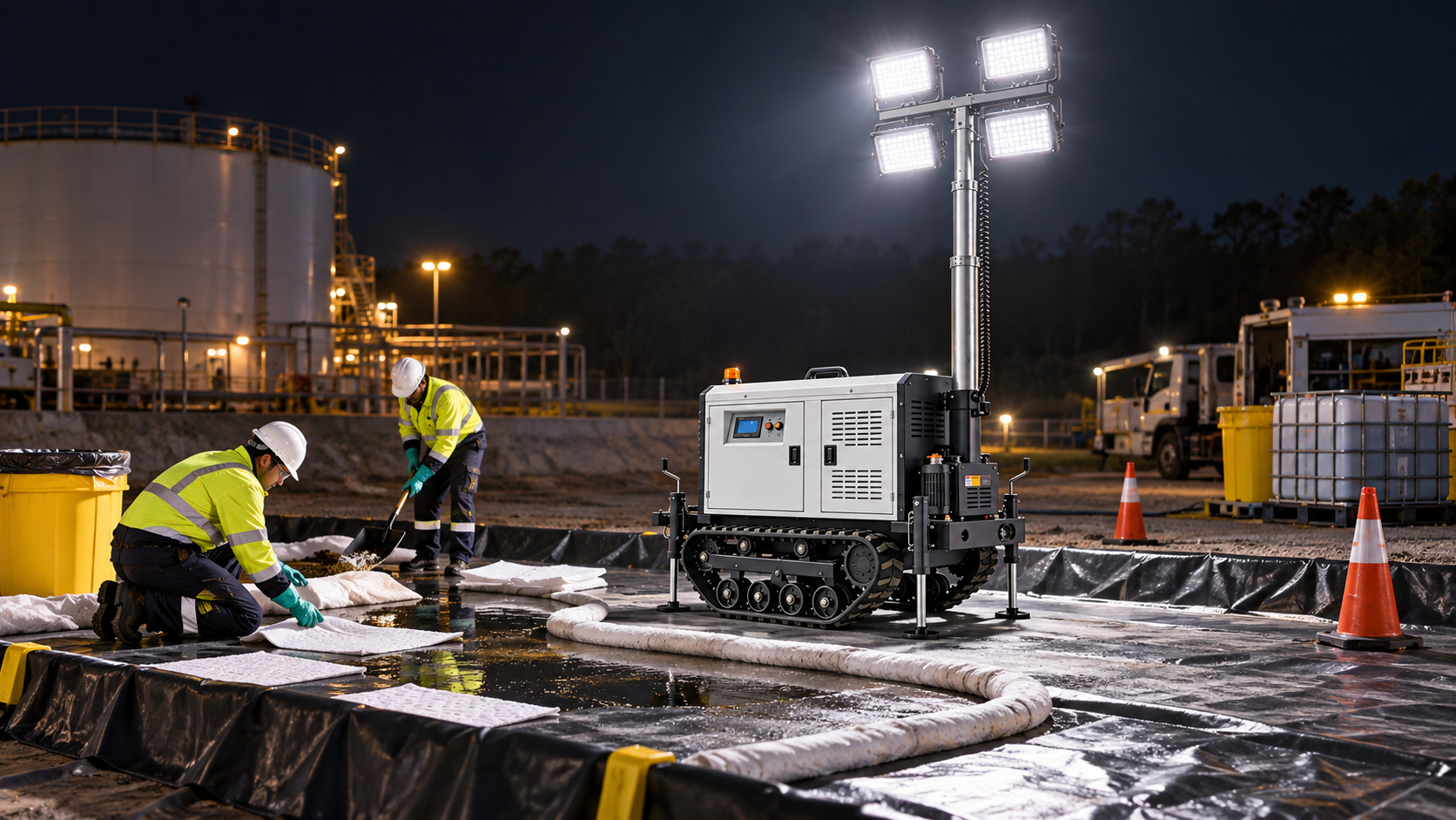 Safe setup and verification of light tower spill containment