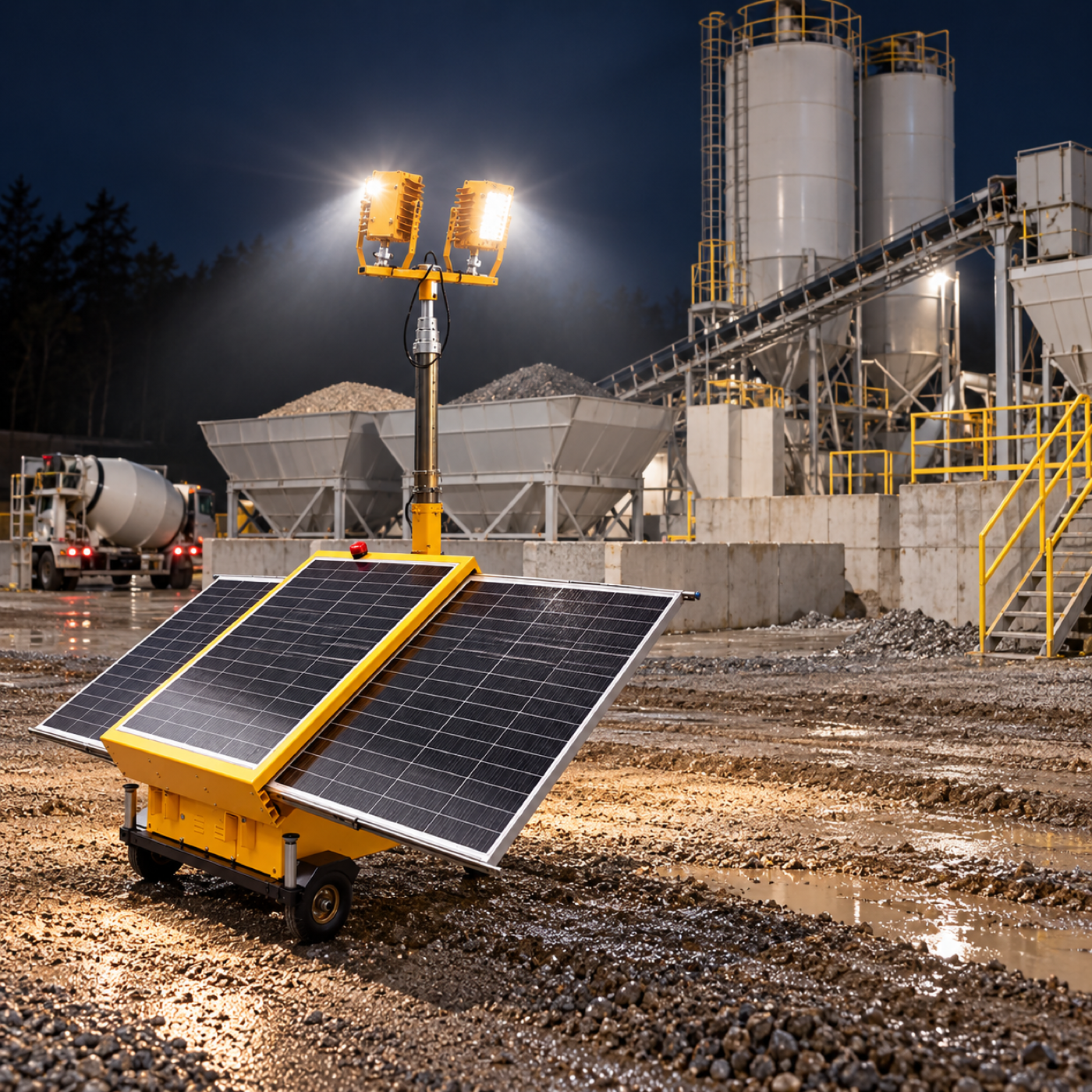 Yellow three-panel solar light tower beside a temporary batch plant at night.