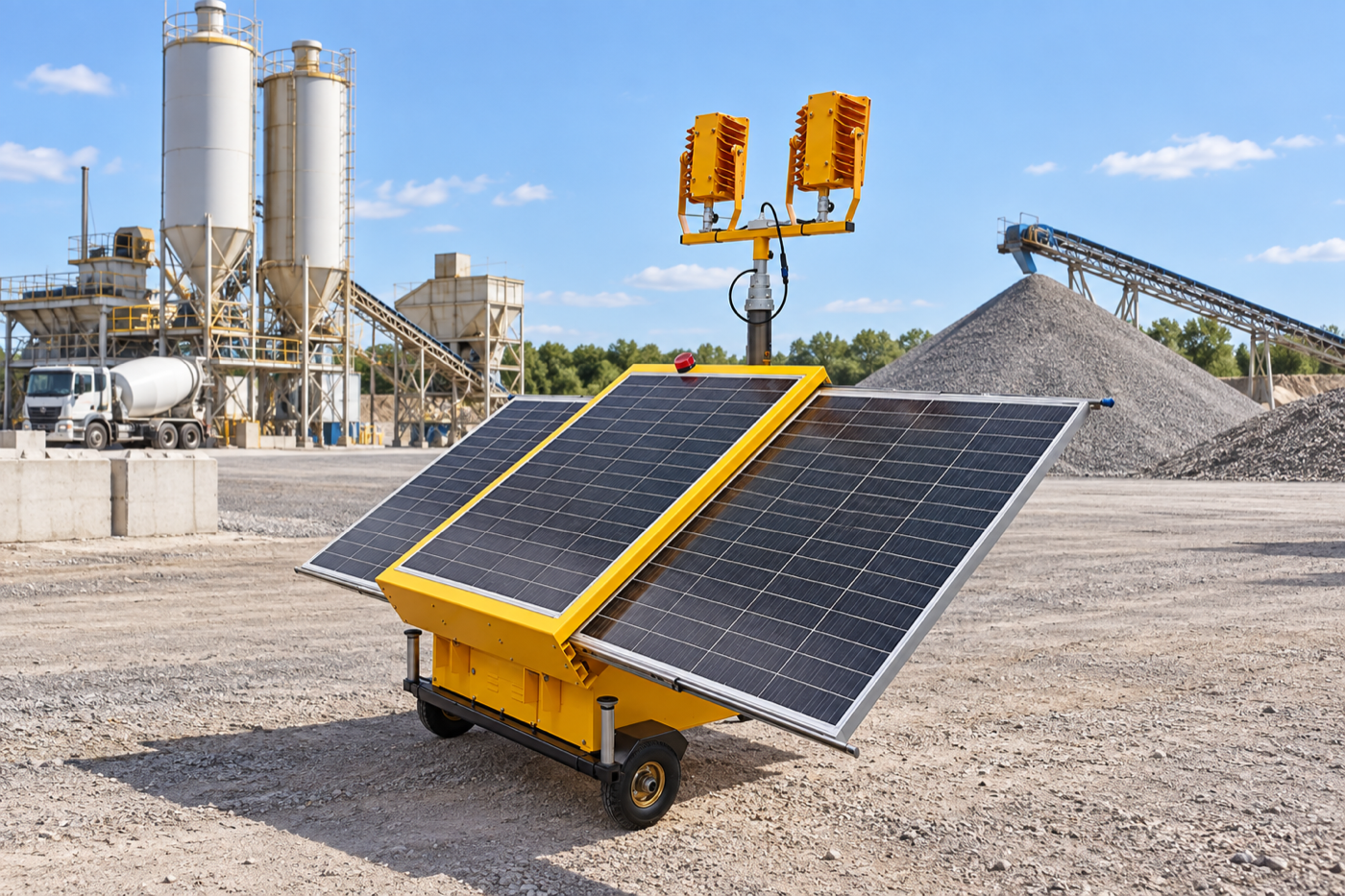 Yellow solar light tower in front of aggregate stockpiles and temporary plant structures in daylight.