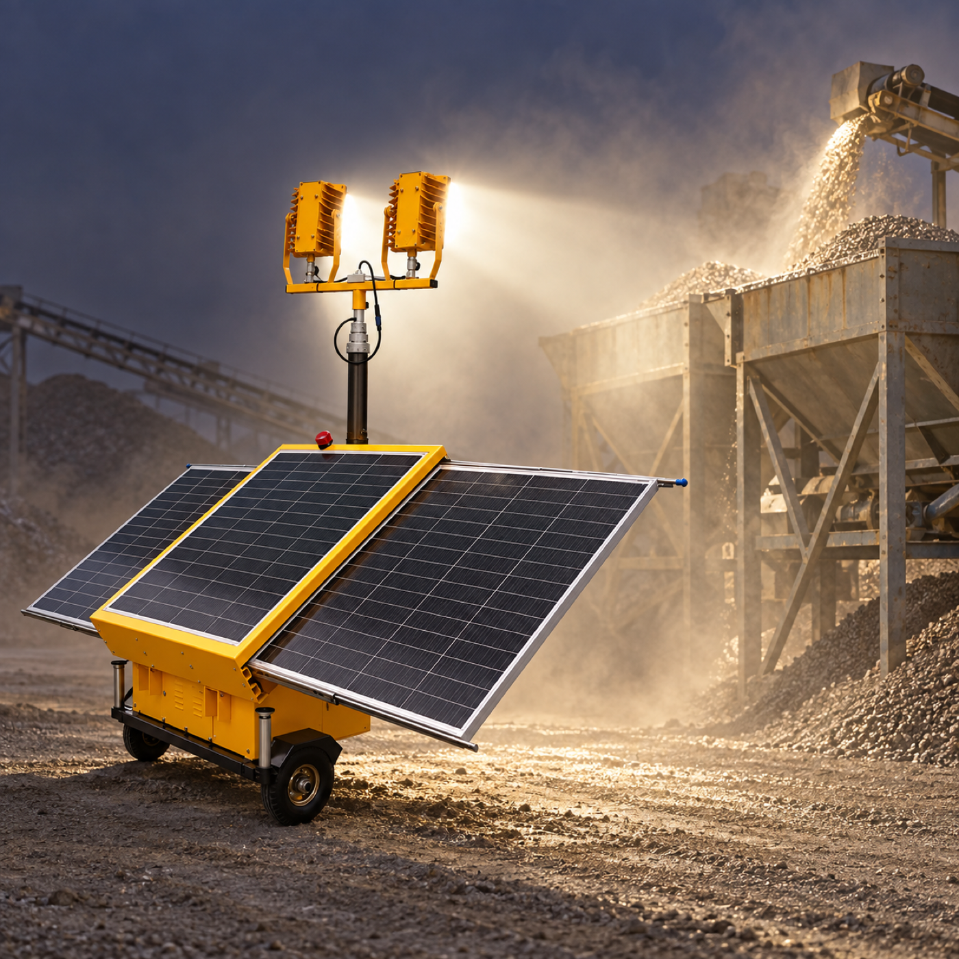 Yellow solar light tower beside a dusty material-handling area at a batch plant.