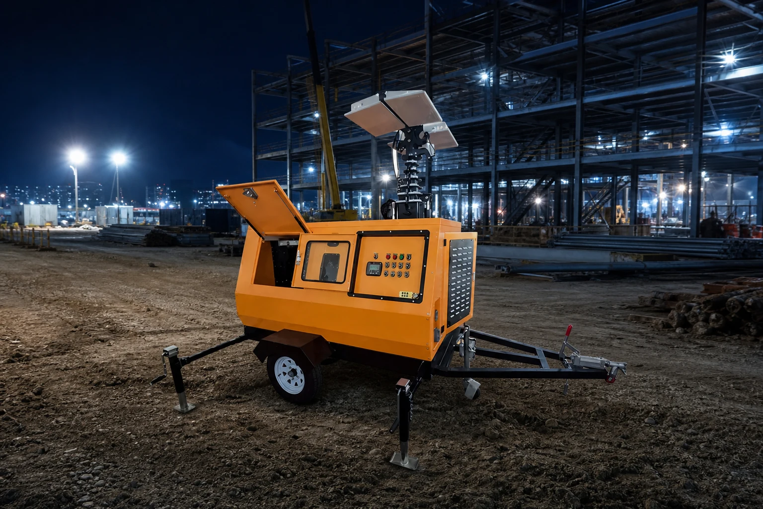 trailer mounted mobile lighting tower — Keyyou official product with illustrative industrial background (not a real site photo)