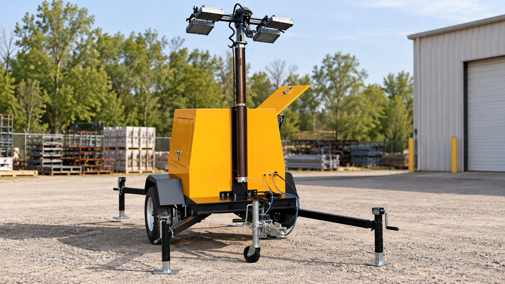 Daylight view of yellow pneumatic-mast trailer enclosure, dark cylindrical mast, wheel and stabilizers