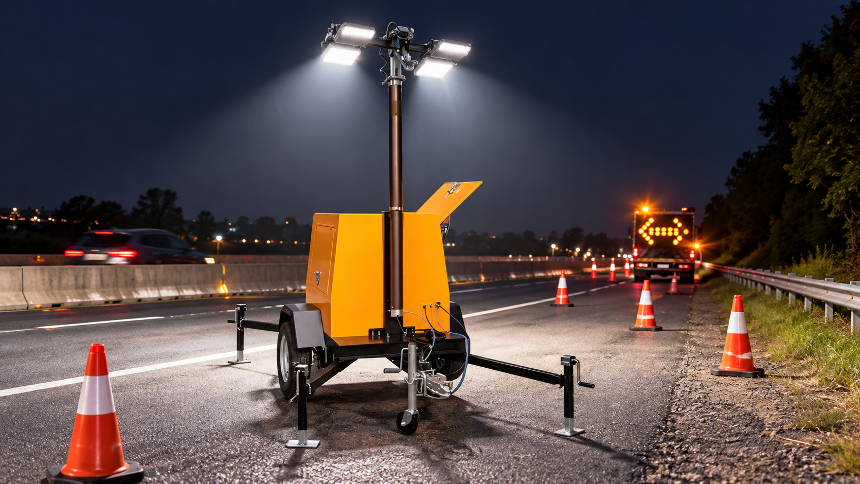 Yellow pneumatic-mast trailer light tower with four rectangular lamps operating at a night road maintenance site