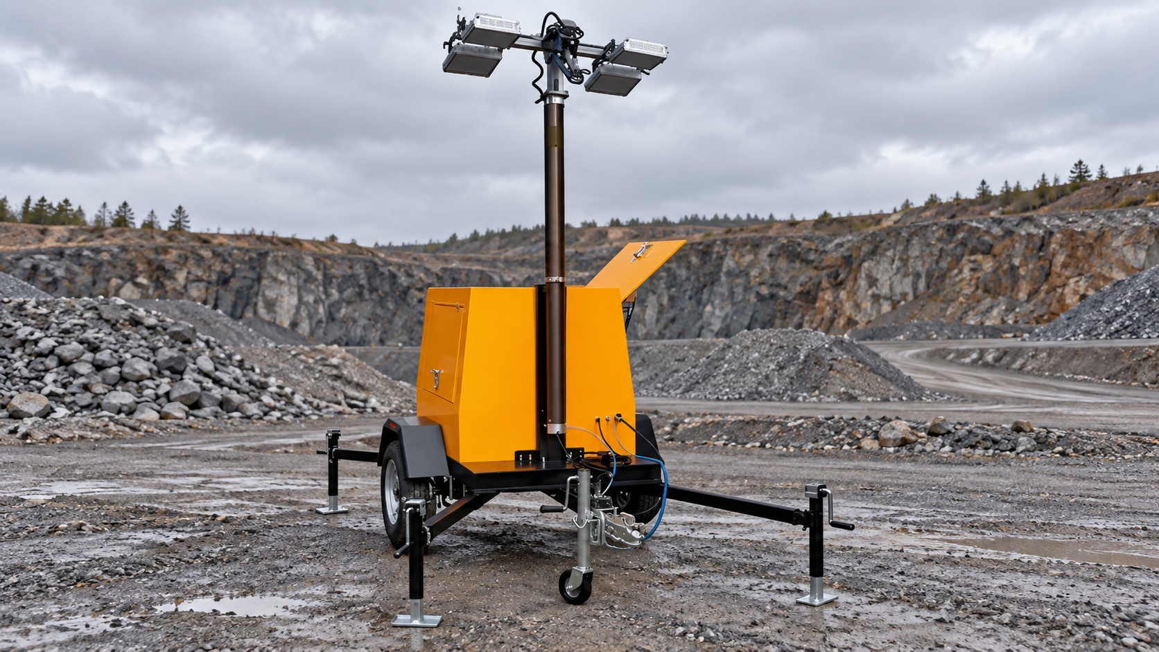 Yellow pneumatic-pole trailer light tower with four lamps and deployed outriggers at an overcast quarry