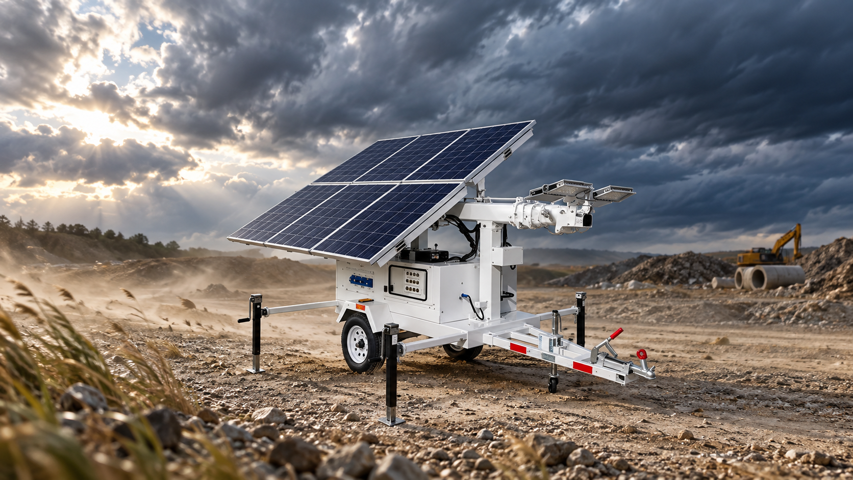 White solar trailer light tower with large panels and mast lowered on an open worksite