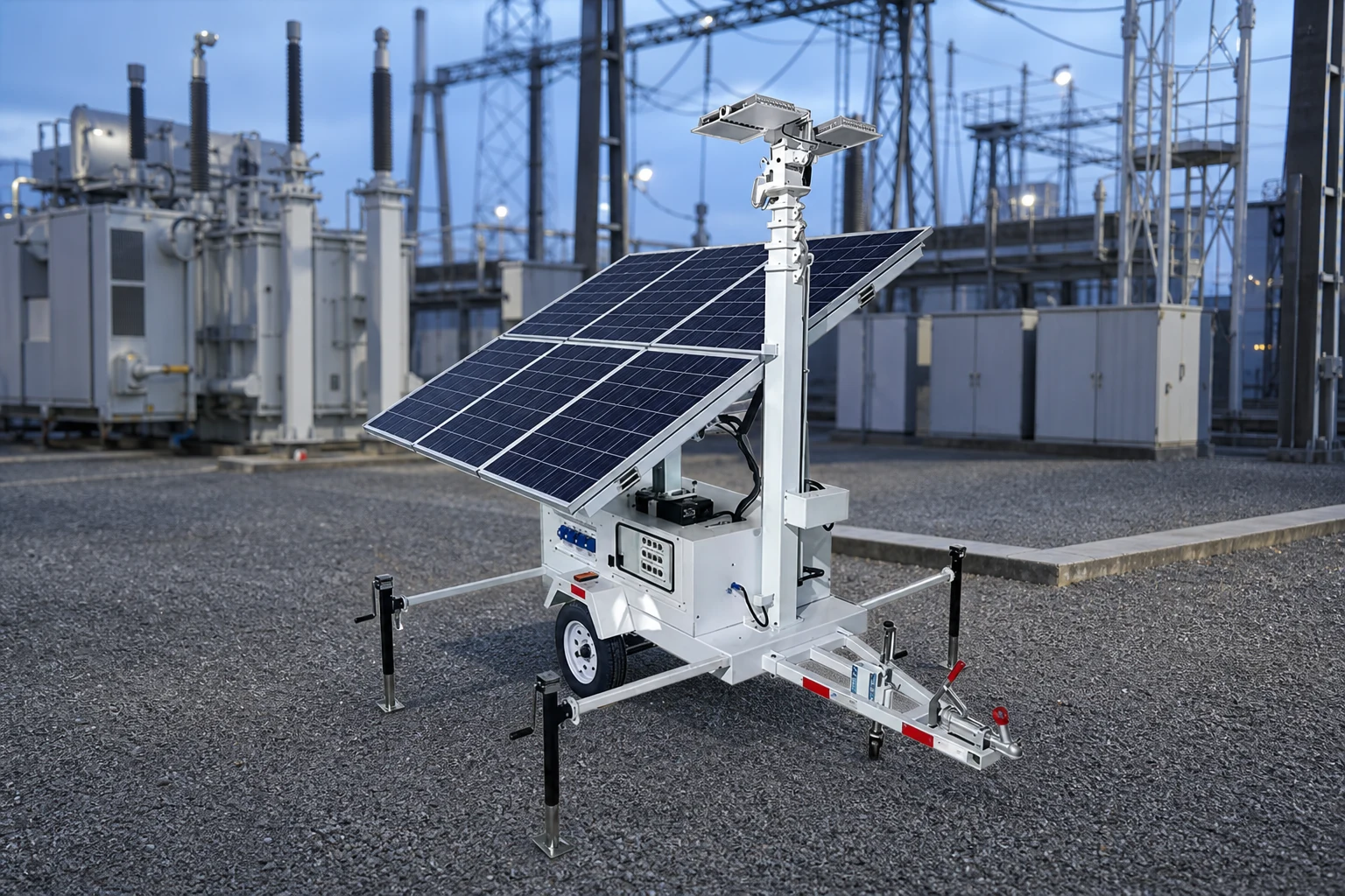 Wind and solar inputs coordinated on a hybrid mobile light tower